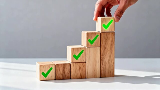 Hand placing wooden blocks with checkmarks