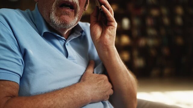 Senior man calling hospital due to heartache, urgent medical assistance needed