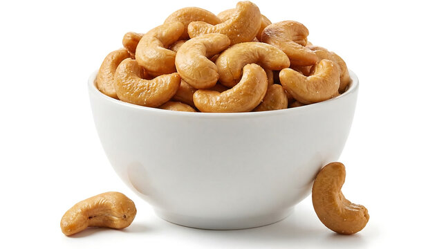 A white bowl filled with roasted cashew nuts on a plain background
