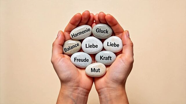 Hands holding stones with German words