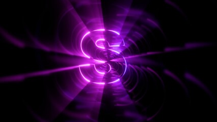 Futuristic 3D tunnel corridor with glowing purple neon geometric lines converging on the illuminated alphabet letter S © Tilak