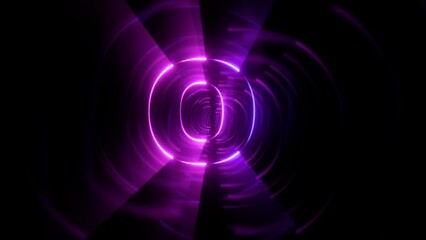 Futuristic 3D tunnel corridor with glowing purple neon geometric lines converging on the illuminated alphabet letter O