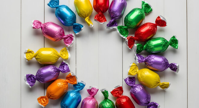 Colorful easter candy arrangement on white background