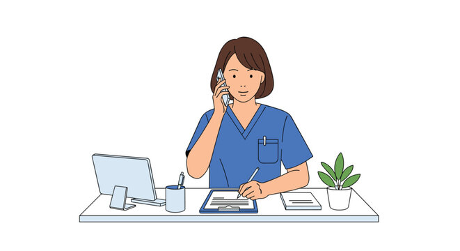 A female nurse, dressed in blue scrubs, is efficiently multitasking by talking on a smartphone and writing on a clipboard at a clean white desk.