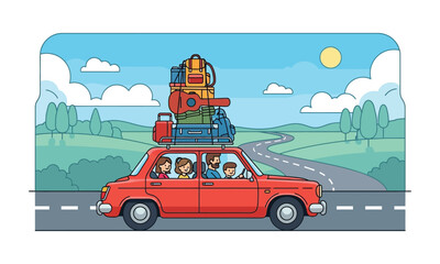 Naklejka premium Family on road trip in car with luggage on roof rack cartoon