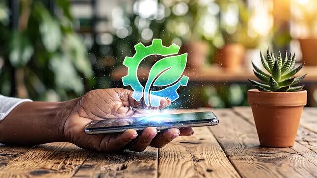 Hand holding smartphone displaying a holographic green leaf within a gear symbol representing eco-friendly technology and sustainability
