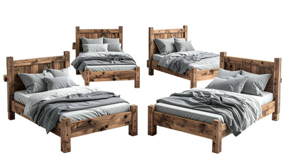 Four wood-framed beds with pillows, blankets, and neutral bedding, against a plain backdrop