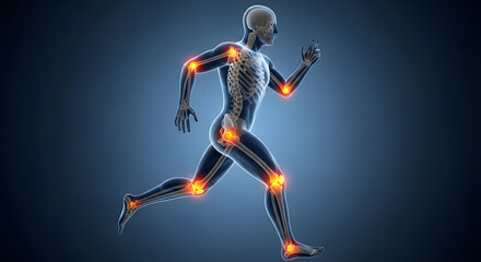 Obraz premium Human skeleton running with glowing joints on dark background from a side viewpoint illustrating motion