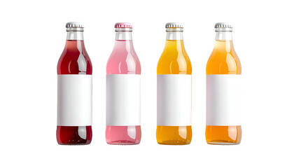 Four glass bottles filled with colorful liquid, blank labels, metal caps, isolated on black
