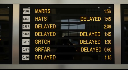 Illuminated airport flight status board displaying delayed flights and real time updates