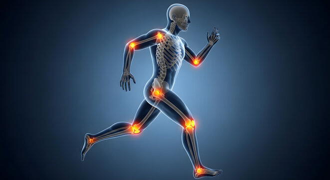 Human skeleton running with glowing joints on dark background from a side viewpoint illustrating motion