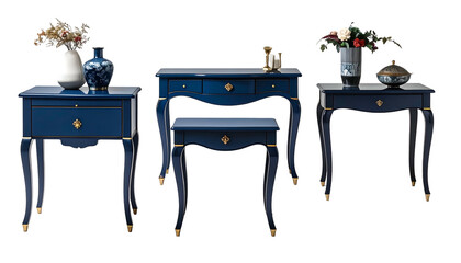 A three-piece navy blue vanity set with gold accents and ornate details