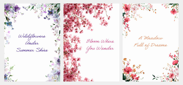 Watercolor wildflower set with delicate meadow blooms and butterflies. Perfect floral invitation design for spring weddings, featuring pink daisies and wild garden plants. Vector illustration.