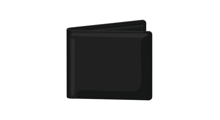 A sleek, solid black bifold wallet with subtle shading and visible stitching details is depicted in a digital illustration, appearing closed and resting on a pristine white surface.
