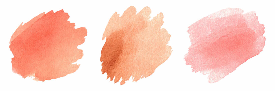 Watercolor brush strokes create soft peach and pastel pink splashes with flowing gradients perfect for abstract backgrounds and watercolor design projects. Vector illustration.