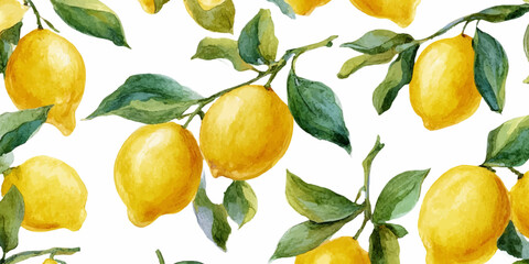 Obraz premium Watercolor lemon pattern with yellow citrus fruits and leaves. Summer Mediterranean illustration for seamless backgrounds, posters, and Italian coastal design prints. Vector illustration.