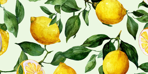 Seamless Mediterranean citrus illustration with Italian fruits, vintage blue tiles, botanical florals, and yellow elements. Perfect for summer kitchen prints and Amalfi-inspired designs. © Narin