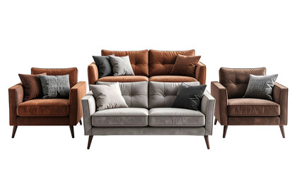 Grouping of sofas and armchairs. Two armchairs flank a sofa, another sofa sits behind