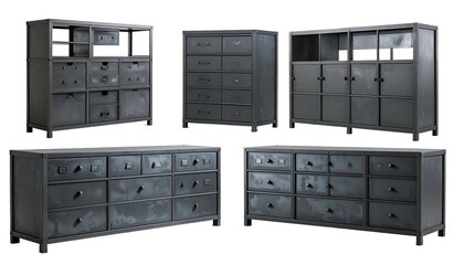 Industrial-style metal furniture various chests and cabinets with drawers and doors