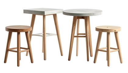 Four different stools with wooden legs and varied tops, isolated on a black background