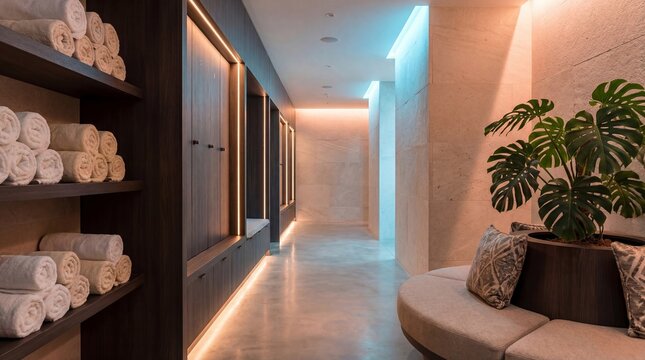 Luxury spa locker room with dark wood cabinets and rolled towels. Modern wellness center interior with seating area