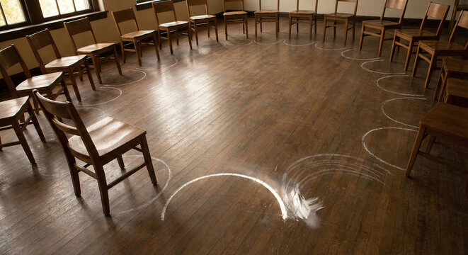 Chalk circles marking personal space in empty classroom chair circle