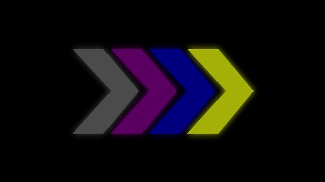 Right arrows animation with reflection in four colour. Arrows moving from red to green to the right- Loop able abstract colourful arrow loading animation background.