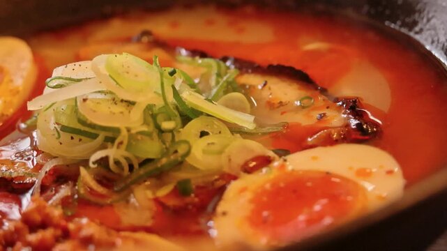 Closeup of flavorful ramen with miso broth and scallions