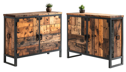 Two rustic wooden cabinets with metal frames, each topped with a small potted plant
