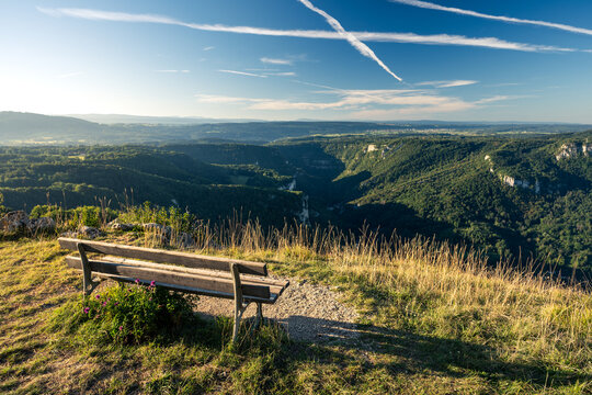 Outlook and bench on the Haute Pierre Mountain in the French Jura near Lods in France