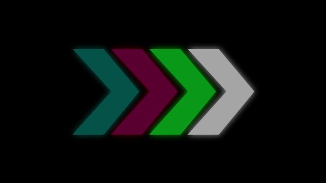 Right arrows animation with reflection in four colour. Arrows moving from red to green to the right- Loop able abstract colourful arrow loading animation background.