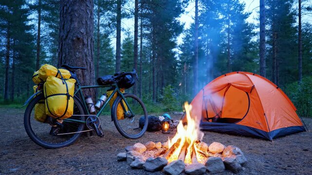 In this tranquil forest scene, a bright orange tent stands beside a lively campfire, surrounded by lush trees. A bicycle with yellow gear suggests an adventurous journey through nature at dusk.