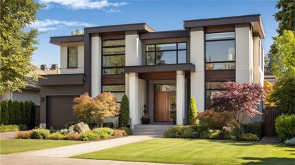 Fototapeta premium Modern Luxury Home with Manicured Lawn and Landscaping.