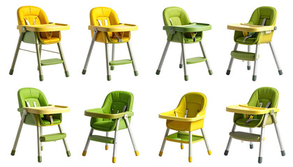 Eight colorful high chairs with trays and safety harnesses, arranged in two rows