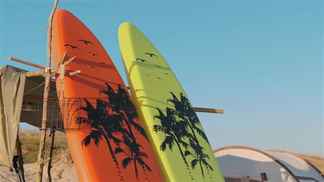 Detailed view of tropical printed stand up paddle boards with palm trees and birds pattern on sandy beach. Summer recreation, surf culture and coastal lifestyle concept.