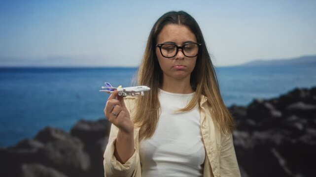 Hispanic woman wearing glasses and white tee, holding toy airplane, hand raised and pouting in studio seaside set; disappointment.