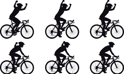Fototapeta premium Cyclist silhouette set showing road bike rider in different racing poses, professional cycling action illustration isolated on white background for sport and fitness design