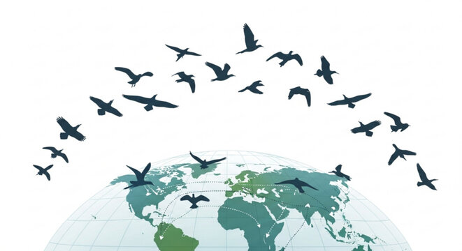 Flock of birds flying around the earth globe symbolizing freedom and global travel on white background