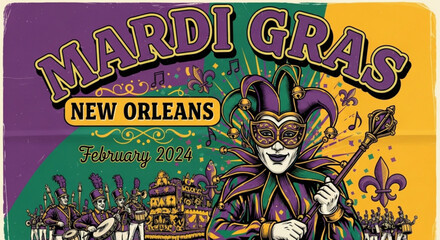 Mardi gras new orleans 2024 festive illustration with jester and colorful parade scene