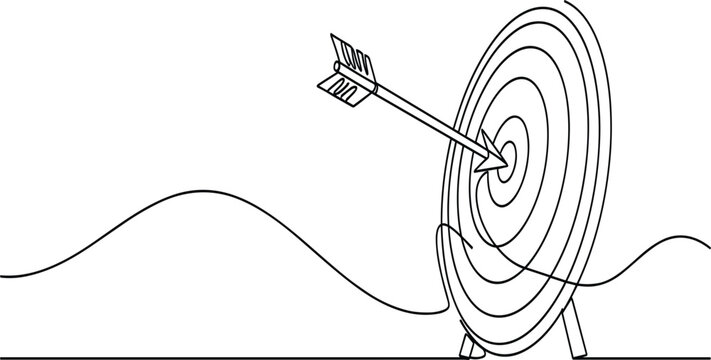 Arrow Hitting Target Continuous One Line Drawing Goal Achievement Success Concept Minimalist Outline Vector Illustration for Business and Strategy