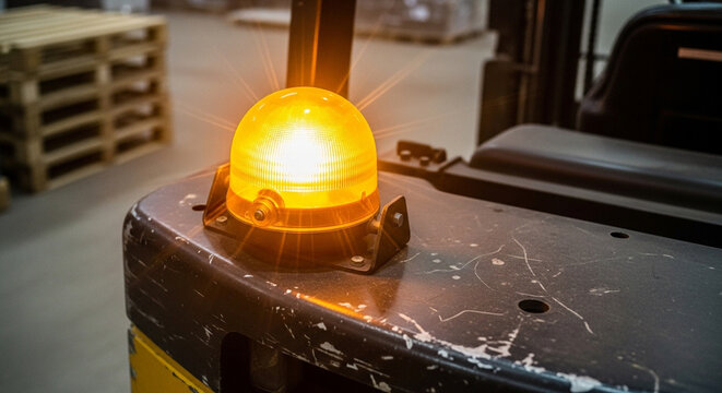 Close-up view of a bright orange flashing beacon light on an industrial forklift in a warehouse setting.