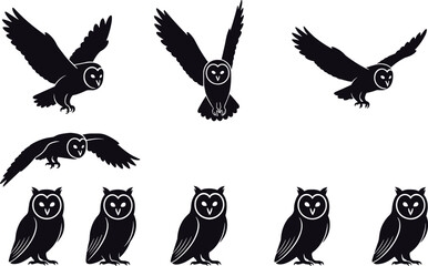 Obraz premium Owl silhouette collection set featuring flying and standing poses, vector illustration of nocturnal bird isolated on white background for wildlife and logo design
