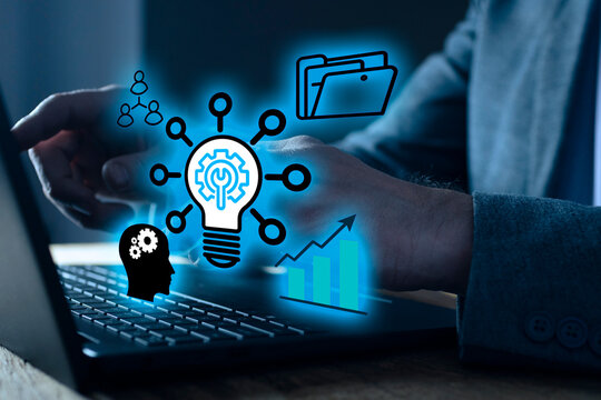 Brainstorming business ideas for business success. Businessman hands closeup. Digital content creation