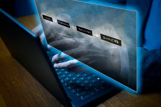 Businessman hands closeup typing on a computer. Business strategy finder. Digital content creation for business success