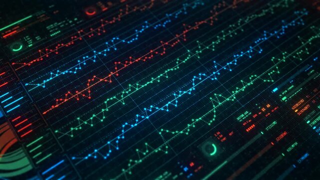 Financial AI Data Analytics Interface Dashboard Animation, Big Data Processing Visualization. Finance Statistical Charts, Infographic Flow Diagram, Business Intelligence Technology UI Background