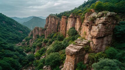 a photo of the majestic cliff wall at long dao park in shandong province, china. the picture captures the rugged beauty and natural grandeur of these cliffs

