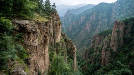 a photo of the majestic cliff wall at long dao park in shandong province, china. the picture captures the rugged beauty and natural grandeur of these cliffs
