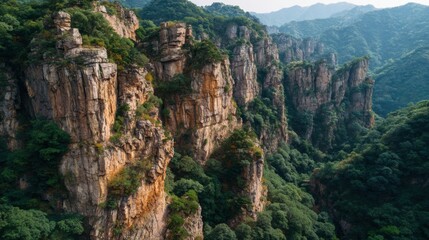 Obraz premium a photo of the majestic cliff wall at long dao park in shandong province, china. the picture captures the rugged beauty and natural grandeur of these cliffs 