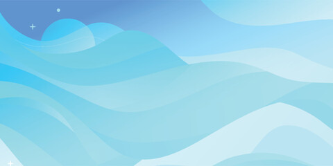 Fototapeta premium Abstract light blue and cyan wavy background with layered fluid shapes and rising sun.