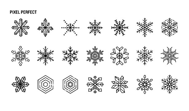 Pixel Perfect Snowflake Thin Line Icons 48x48 Grid Editable Stroke UI Vector Set